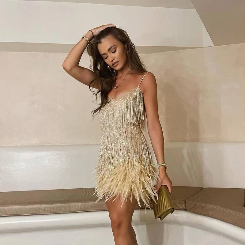 Felicity Party Dress | Sequin Embellished, Feather Hem, Spaghetti Strap 0