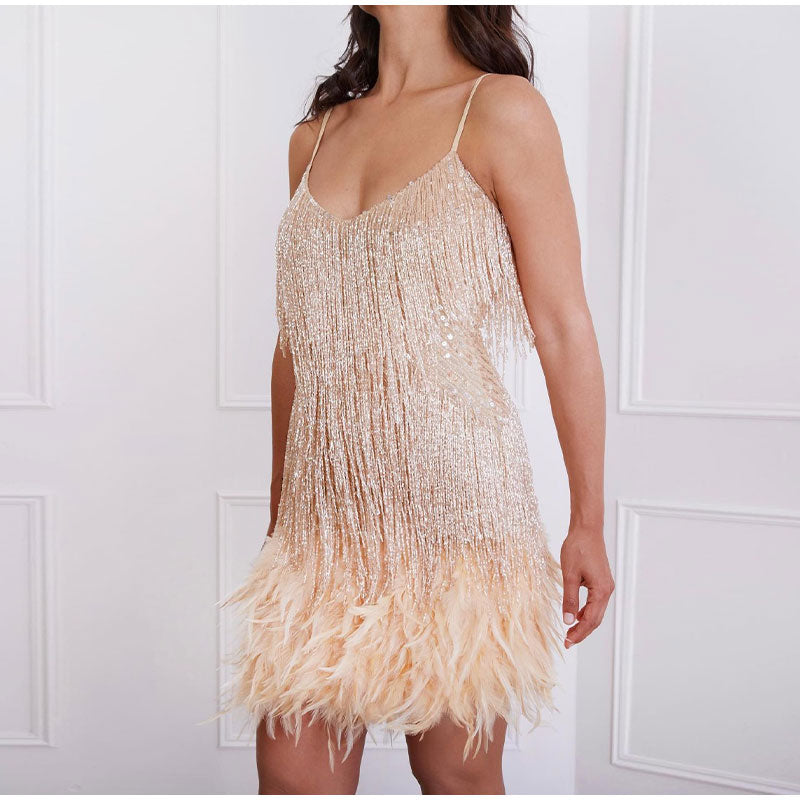 Felicity Party Dress | Sequin Embellished, Feather Hem, Spaghetti Strap 12