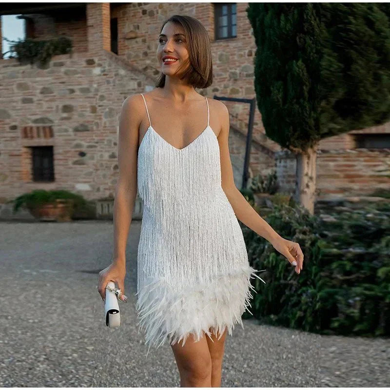Felicity Party Dress | Sequin Embellished, Feather Hem, Spaghetti Strap 2