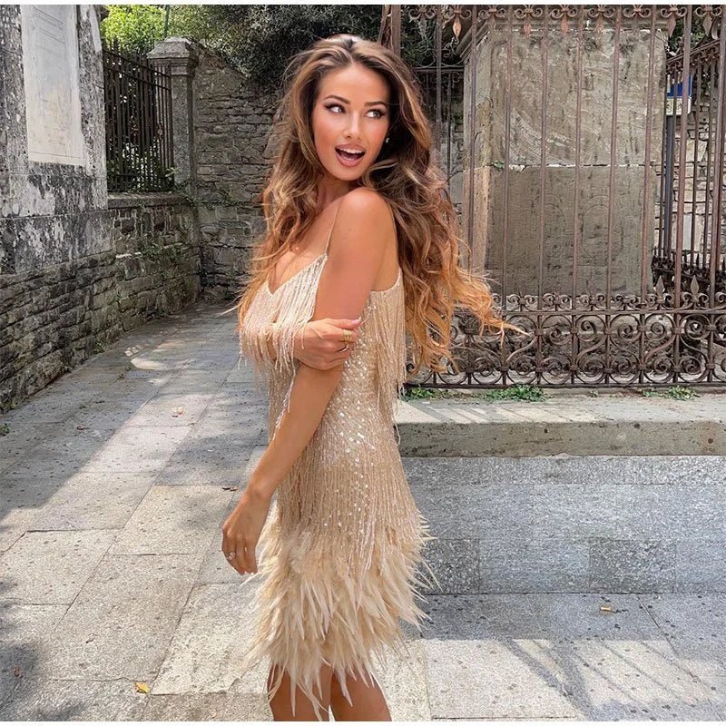 Felicity Party Dress | Sequin Embellished, Feather Hem, Spaghetti Strap 5