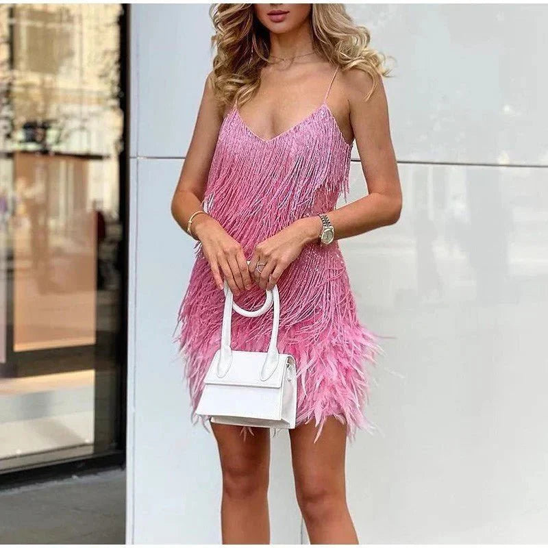 Felicity Party Dress | Sequin Embellished, Feather Hem, Spaghetti Strap 6
