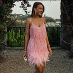 Felicity Party Dress | Sequin Embellished, Feather Hem, Spaghetti Strap 7