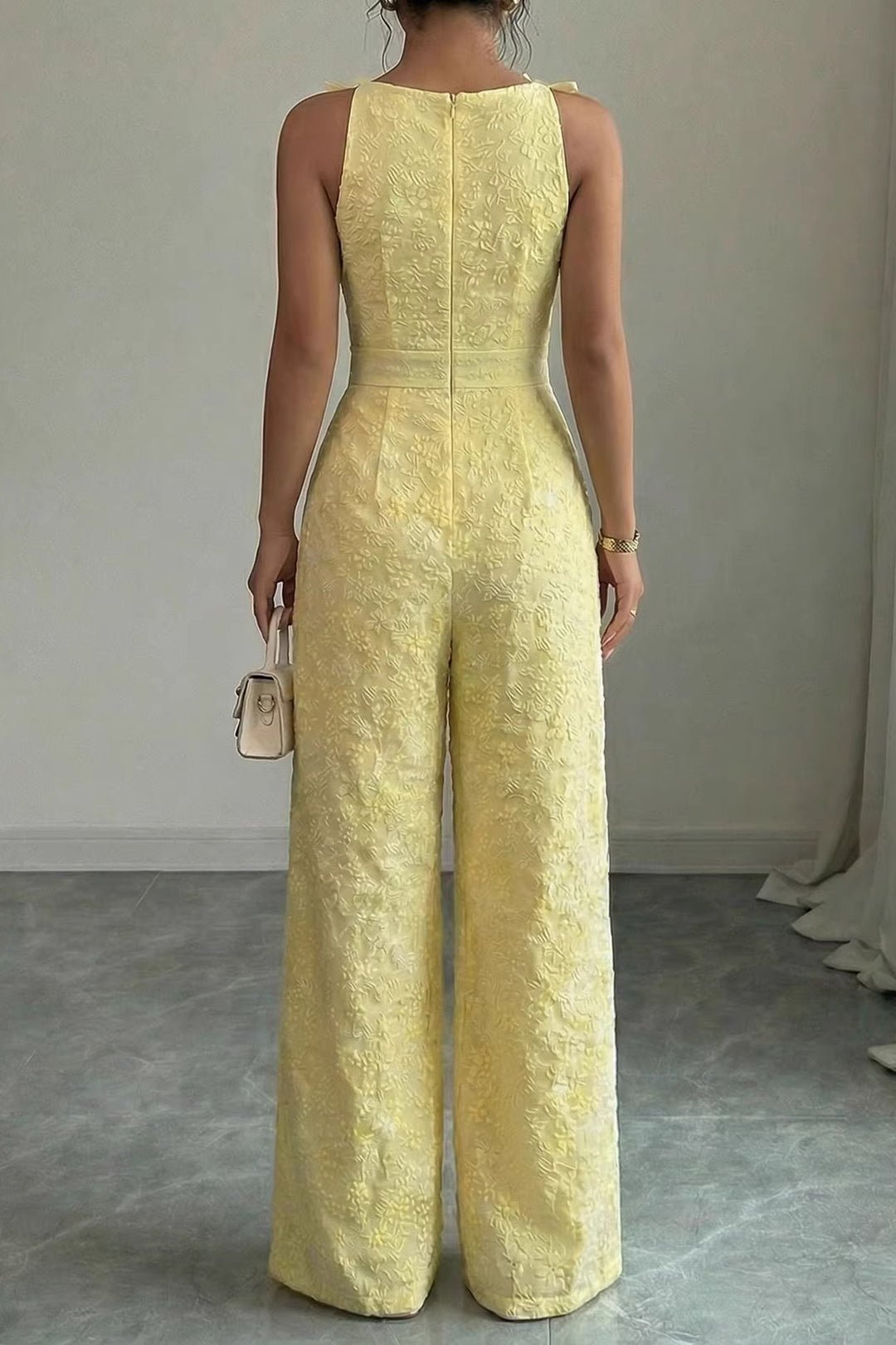 Fiora Jumpsuit Women | Textured, Elegant Sleeveless with Bow Detail 3