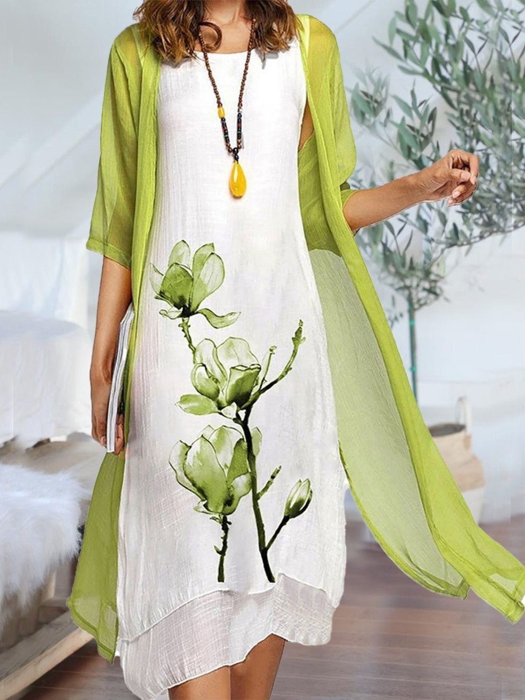 Fleur Midi Dress | Floral Linen & Chiffon Cardigan, Perfect for Summer Weddings and Formal Events 0