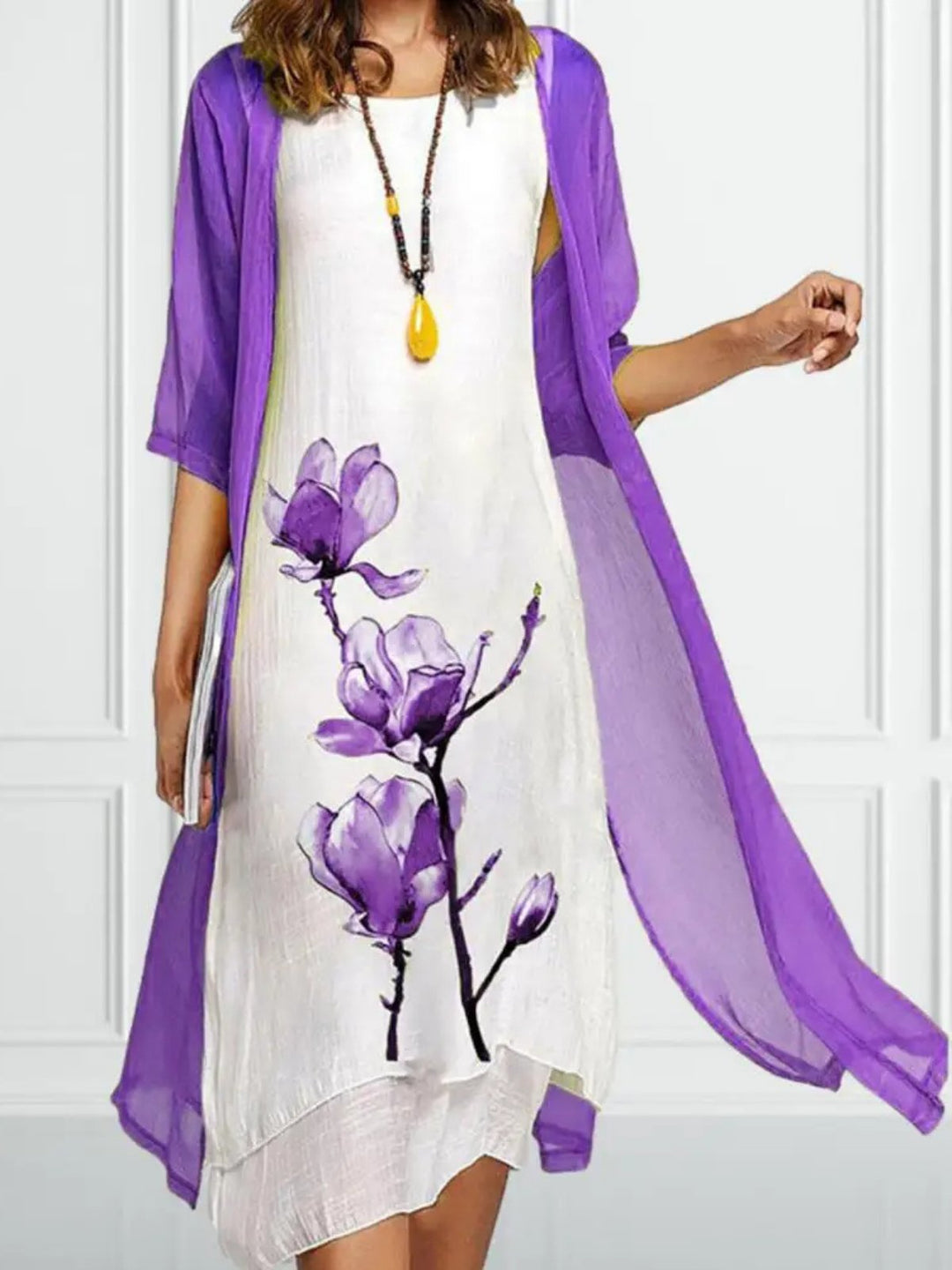 Fleur Midi Dress | Floral Linen & Chiffon Cardigan, Perfect for Summer Weddings and Formal Events 1