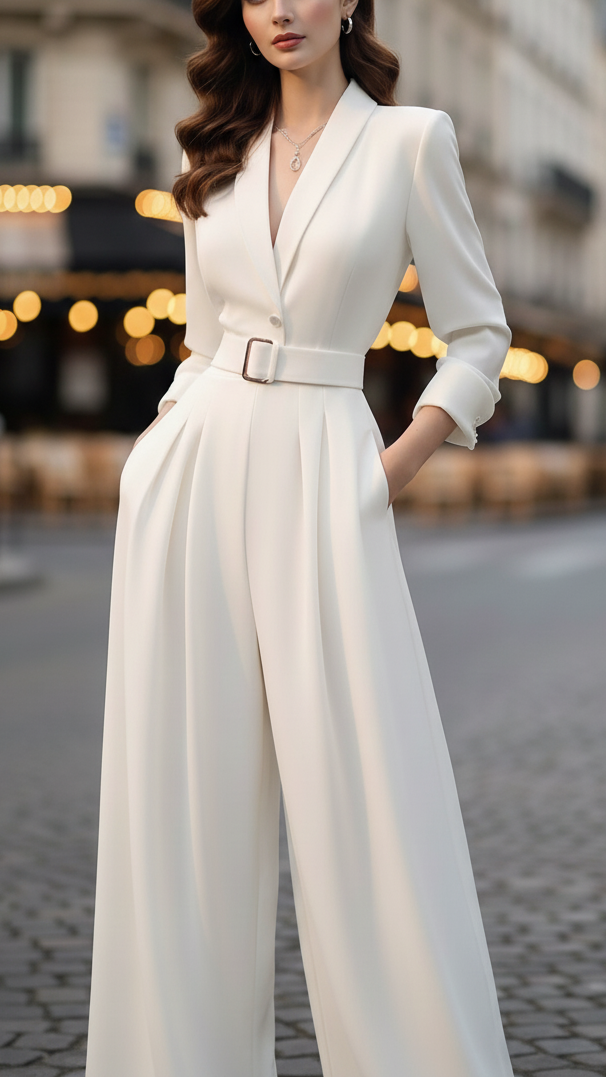 Alessandra | Ivory Belted Power Jumpsuit