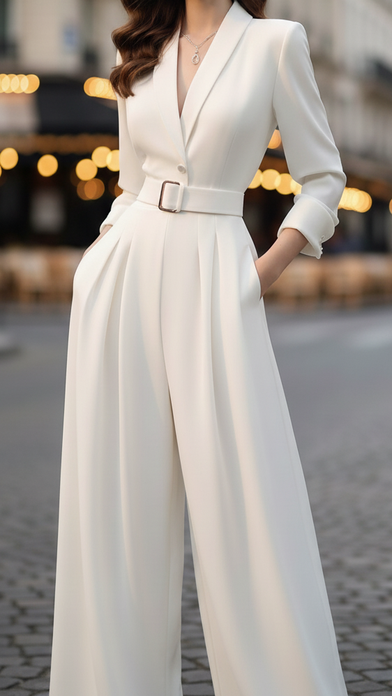 Alessandra | Ivory Belted Power Jumpsuit