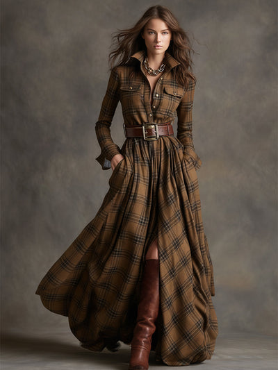 Retro Ethnic Style Lapel Reddish Brown Plaid Maxi Dress