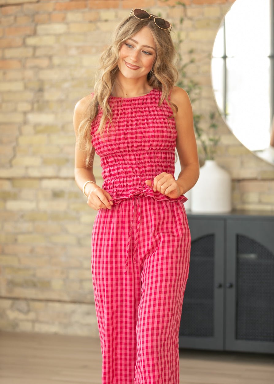Gina Gingham Outfit | Lightweight Smocked Top & Wide Leg Pants for Women's Holiday Clothing 5
