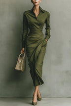 Gina Midi Dress | Green Linen, Wrap Waist, Formal Style 0
