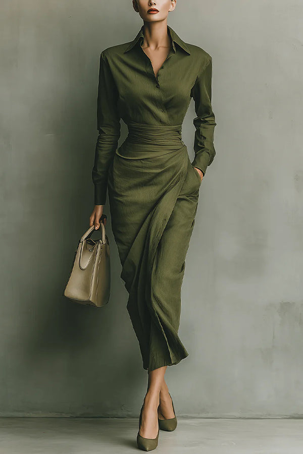 Gina Midi Dress | Green Linen, Wrap Waist, Formal Style 0