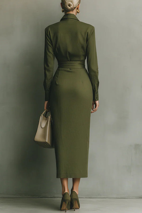 Gina Midi Dress | Green Linen, Wrap Waist, Formal Style 1