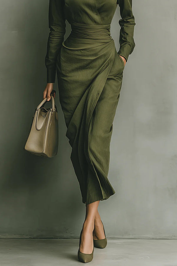 Gina Midi Dress | Green Linen, Wrap Waist, Formal Style 2