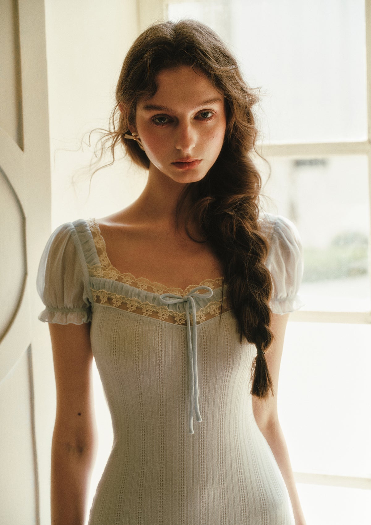 Glimmer Maiden Dress | Soft Knitted Fabric, Vintage Lace Trim, White Summer Dress for Women 4