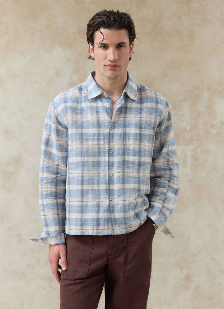 Hindley Boxy Shirt | Linen Cotton Blend, Light Blue Check 0