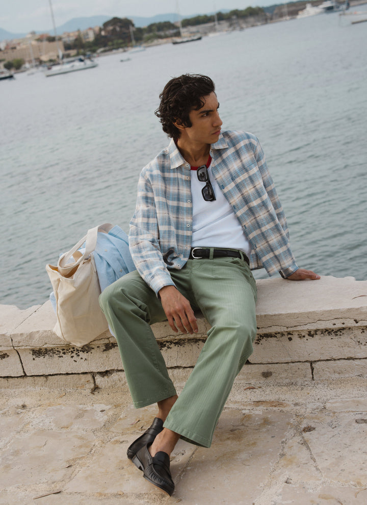 Hindley Boxy Shirt | Linen Cotton Blend, Light Blue Check 1