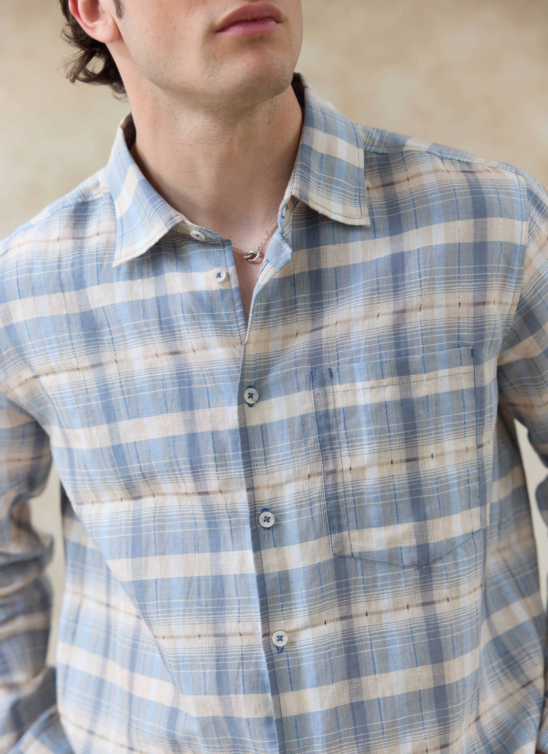 Hindley Boxy Shirt | Linen Cotton Blend, Light Blue Check 4