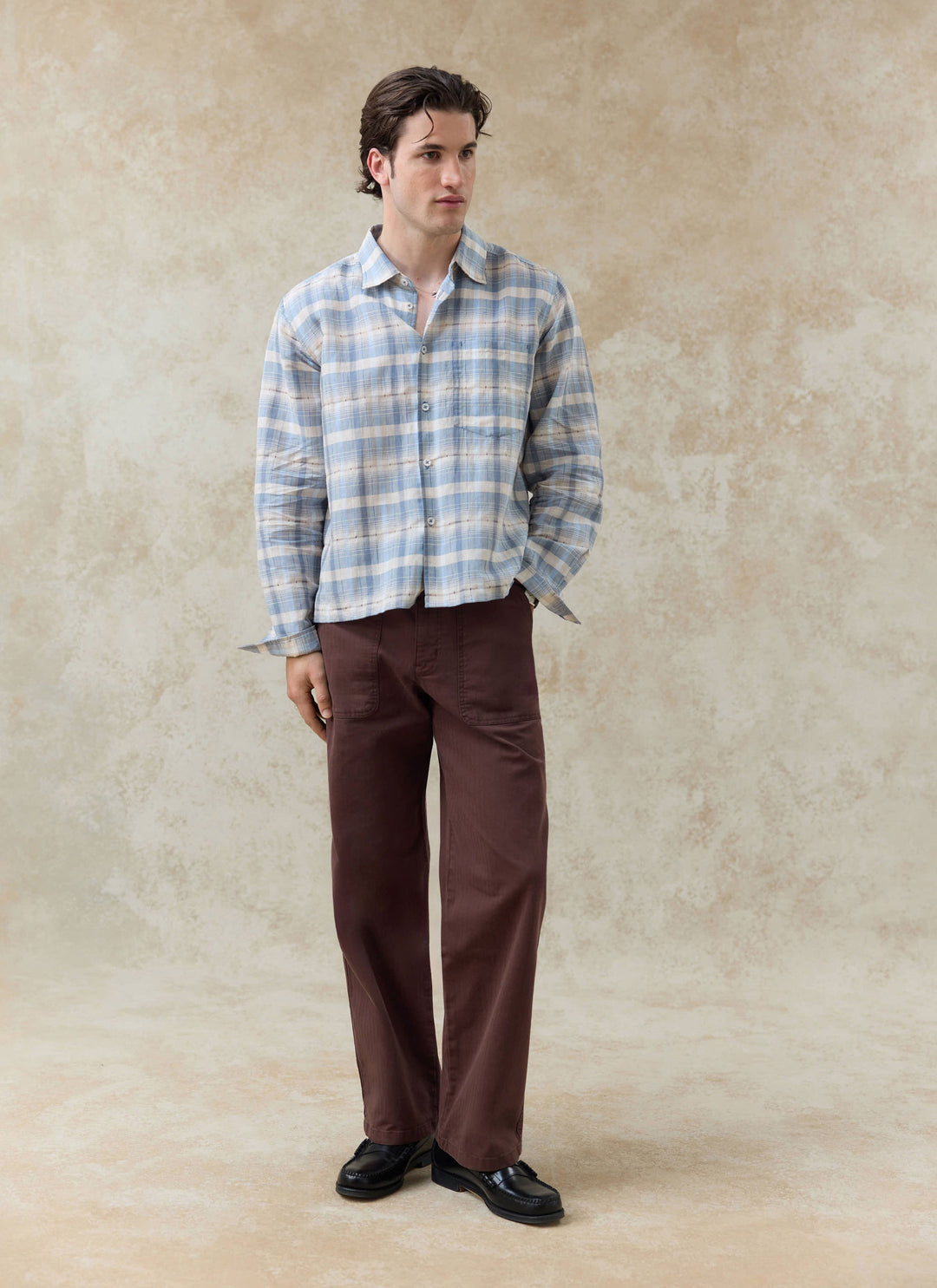 Hindley Boxy Shirt | Linen Cotton Blend, Light Blue Check 5