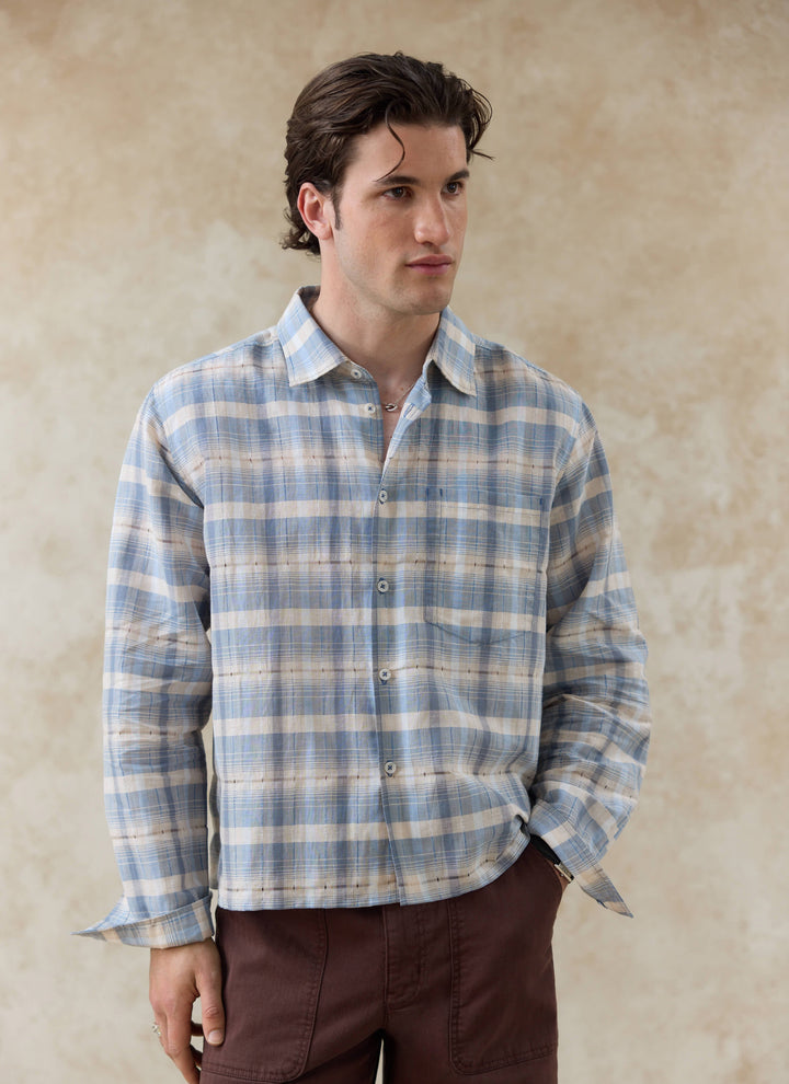 Hindley Boxy Shirt | Linen Cotton Blend, Light Blue Check 6