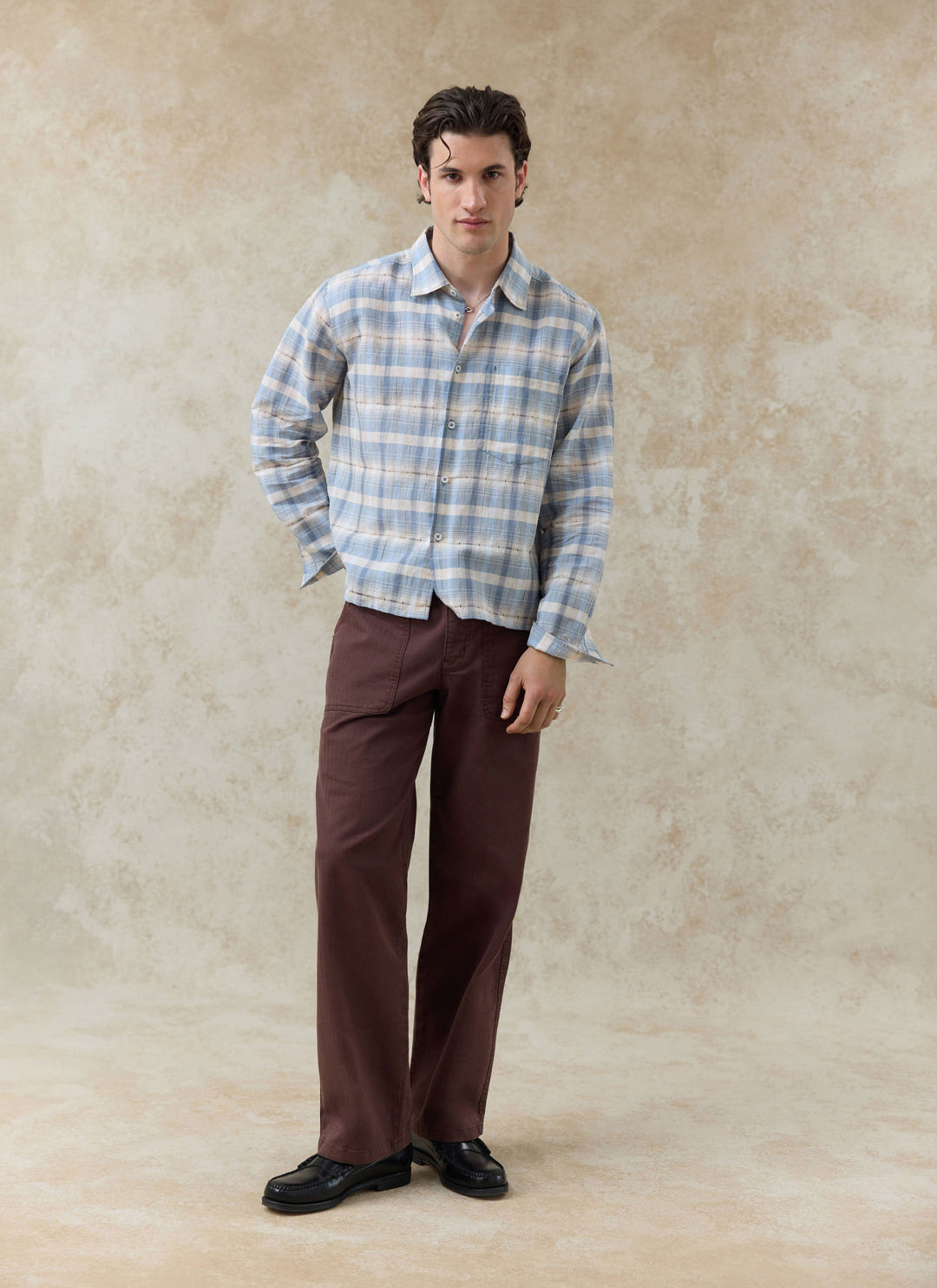 Hindley Boxy Shirt | Linen Cotton Blend, Light Blue Check 7
