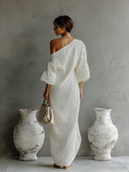 Ivory Elegance Dress | Cotton-Linen Blend, One-Shoulder Wedding Guest Dress 1