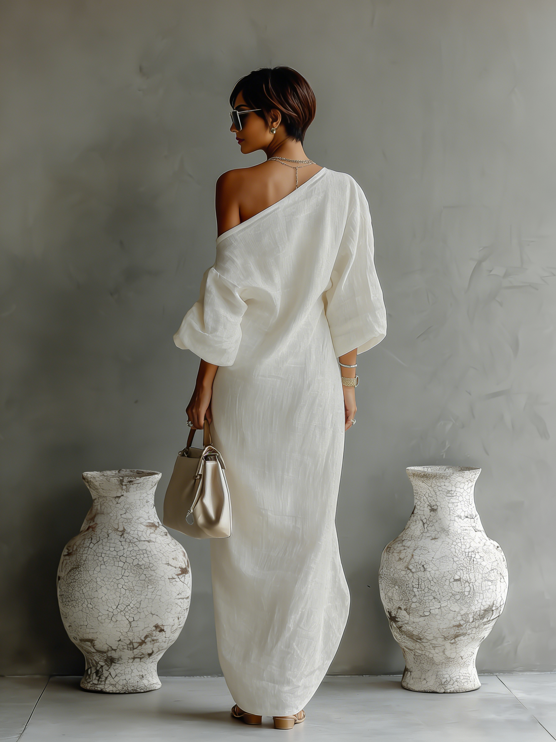 Ivory Elegance Dress | Cotton-Linen Blend, One-Shoulder Wedding Guest Dress 1