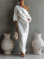 Ivory Elegance Dress | Cotton-Linen Blend, One-Shoulder Wedding Guest Dress 2