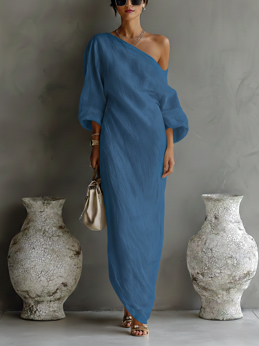 Ivory Elegance Dress | Cotton-Linen Blend, One-Shoulder Wedding Guest Dress 4