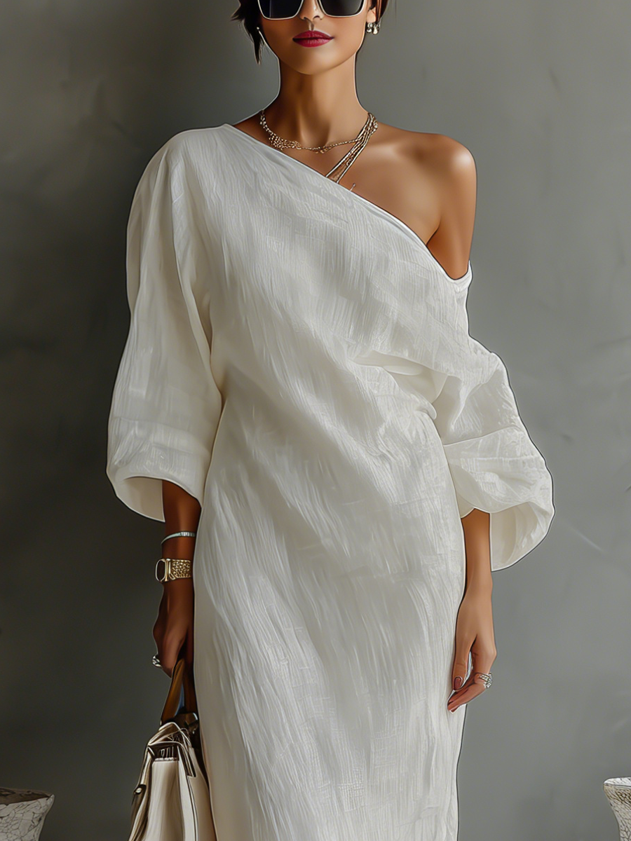 Ivory Elegance Dress | Cotton-Linen Blend, One-Shoulder Wedding Guest Dress 5