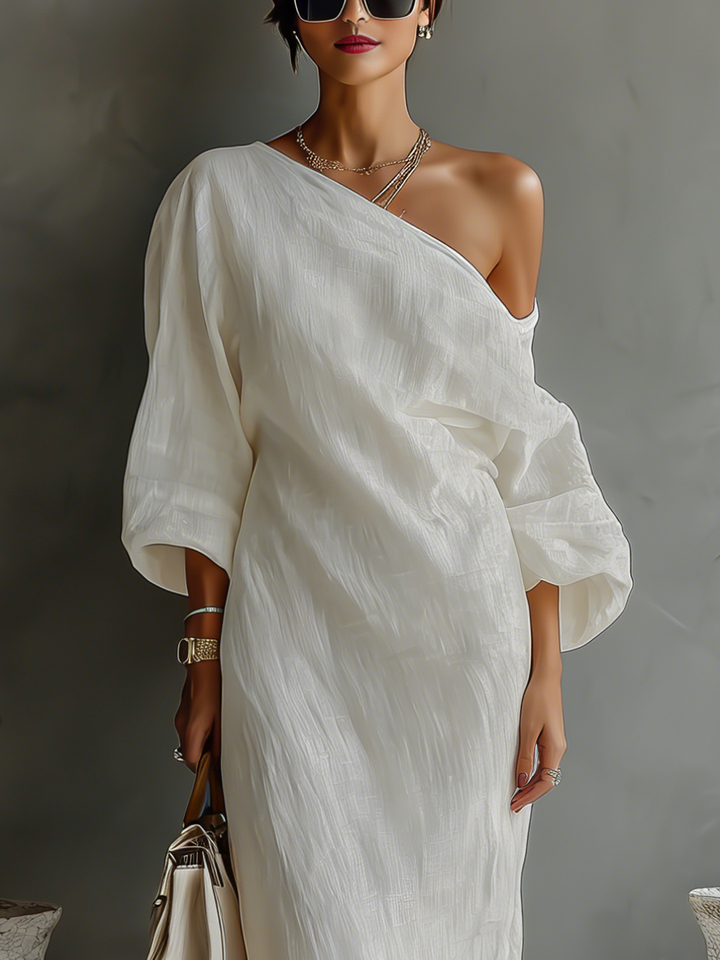Ivory Elegance Dress | Cotton-Linen Blend, One-Shoulder Wedding Guest Dress 5
