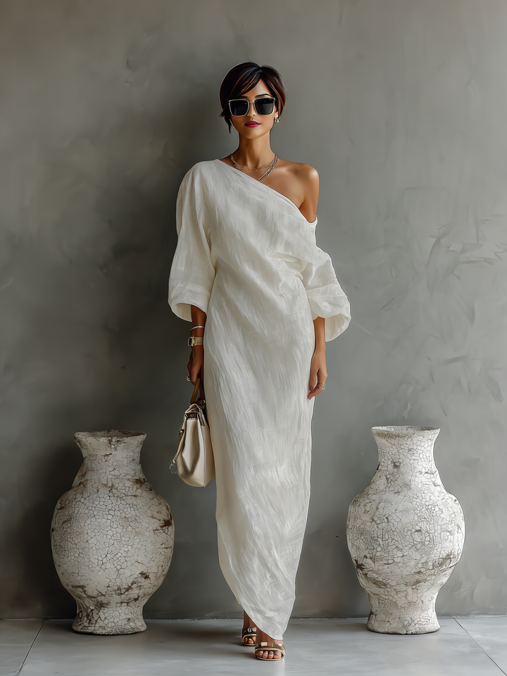 Ivory Elegance Dress | Cotton-Linen Blend, One-Shoulder Wedding Guest Dress 7