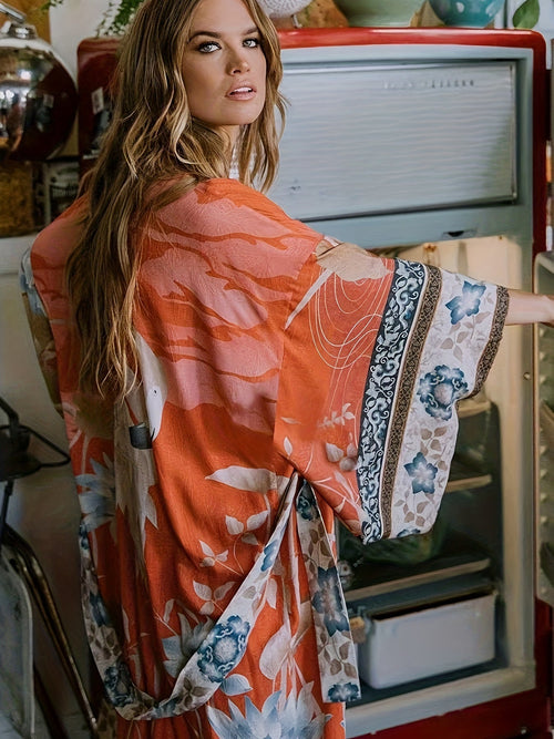 Ivy Beach Kimono | Lightweight Red Floral Print, Open Front Design 1