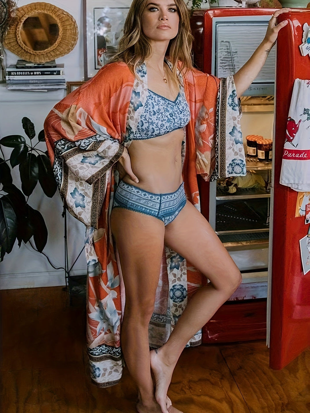 Ivy Beach Kimono | Lightweight Red Floral Print, Open Front Design 3