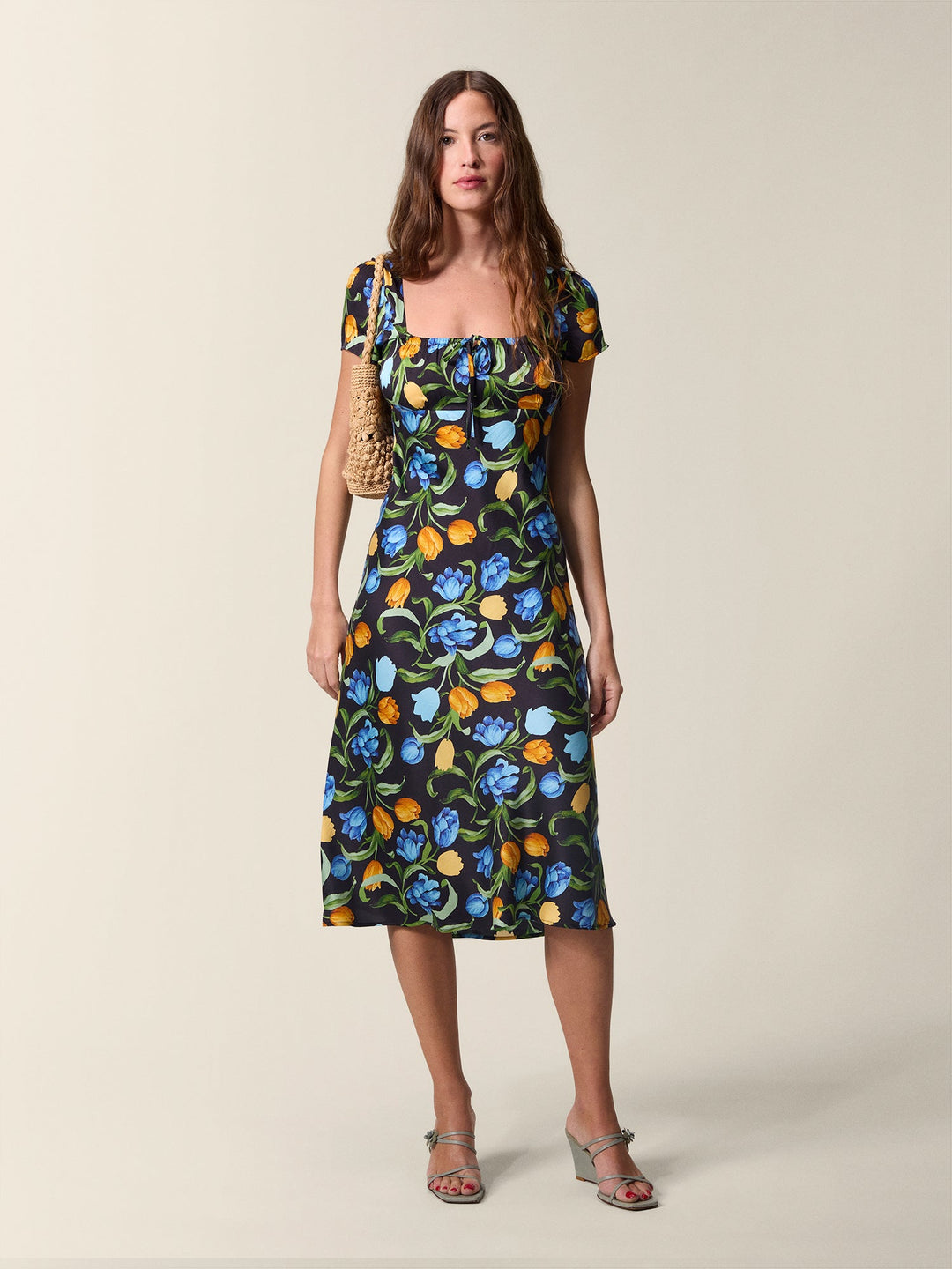 Ivy Black Dress | Floral Print, Midi Length, Square Neckline 0