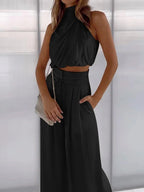Kara Women's Set | Rayon Halter Crop Top & High Waist Wide Pants 0