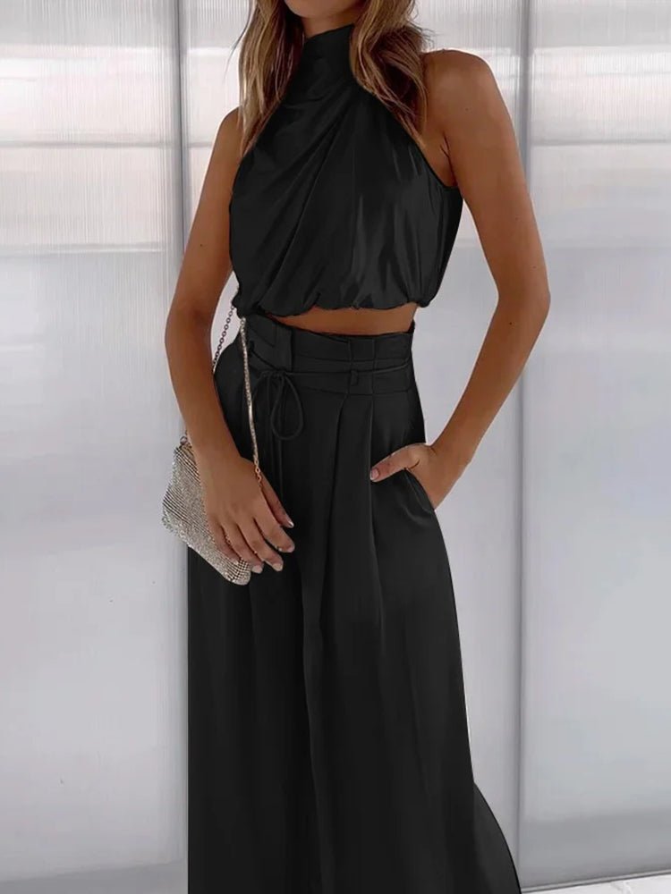 Kara Women's Set | Rayon Halter Crop Top & High Waist Wide Pants 1