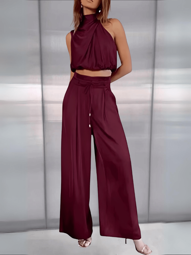 Kara Women's Set | Rayon Halter Crop Top & High Waist Wide Pants 8