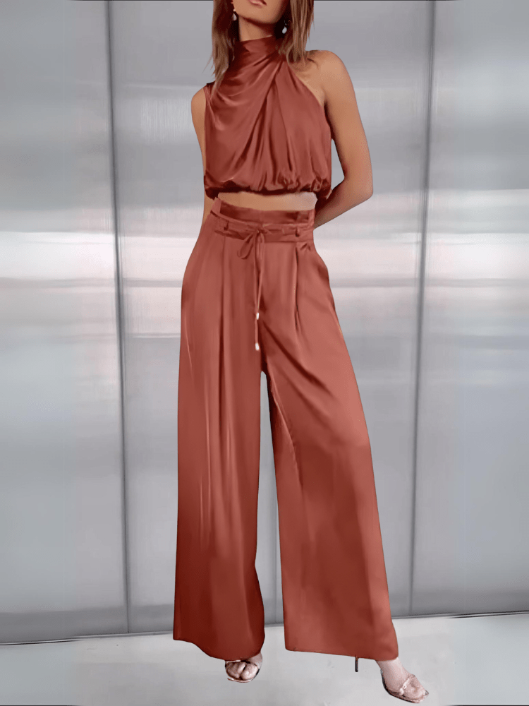 Kara Women's Set | Rayon Halter Crop Top & High Waist Wide Pants 9