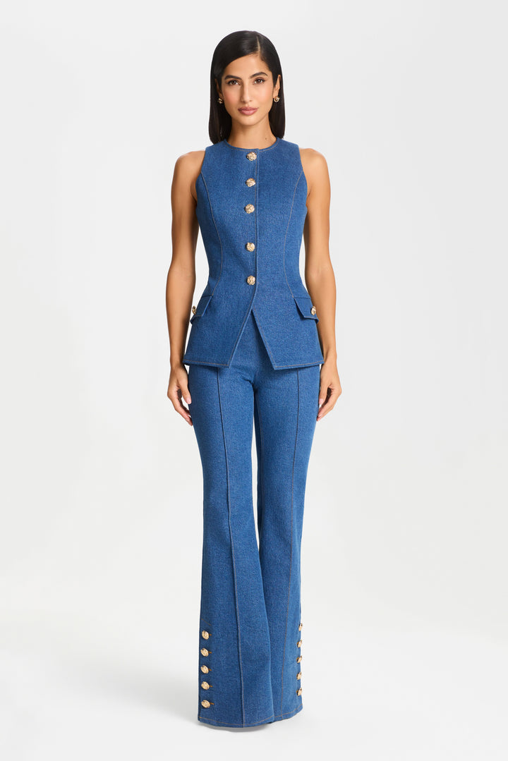 Kendra Flare Pants | Mid-Wash Stretch Denim, Flared Leg 0