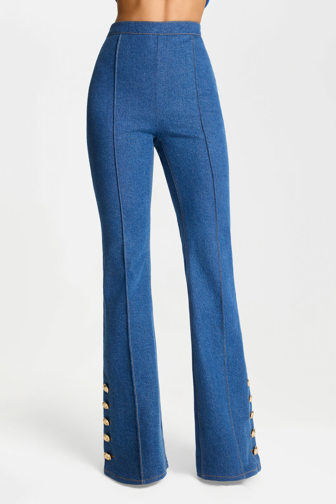 Kendra Flare Pants | Mid-Wash Stretch Denim, Flared Leg 1