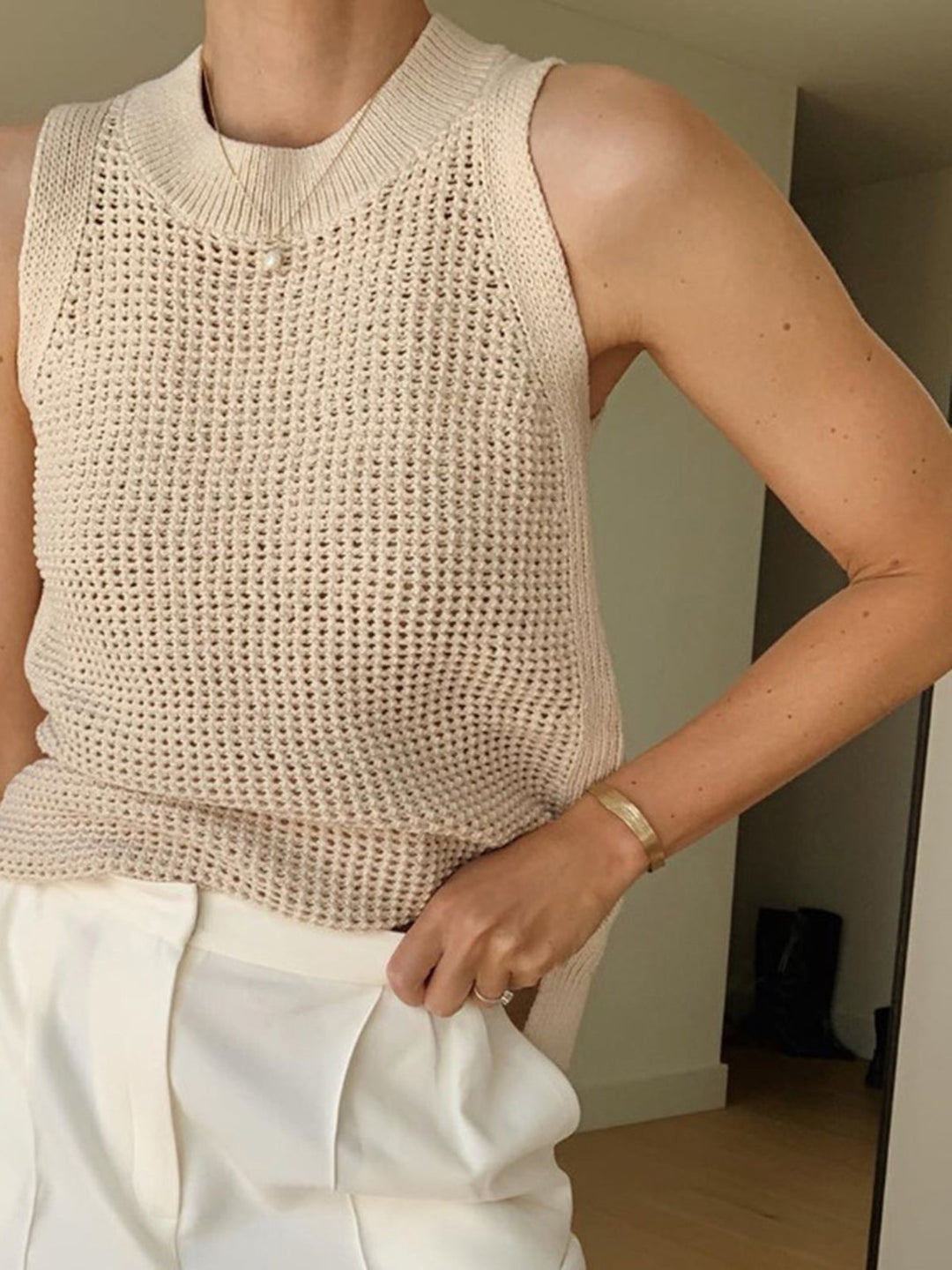 Kira White Tank Top for Women | Regular Fit, Knit Design 1