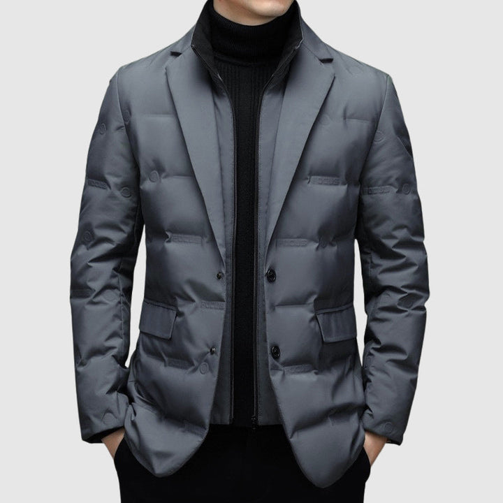 Men's Duck Down Jacket, Lapel Collar, Button and Zip, Tailored Fit