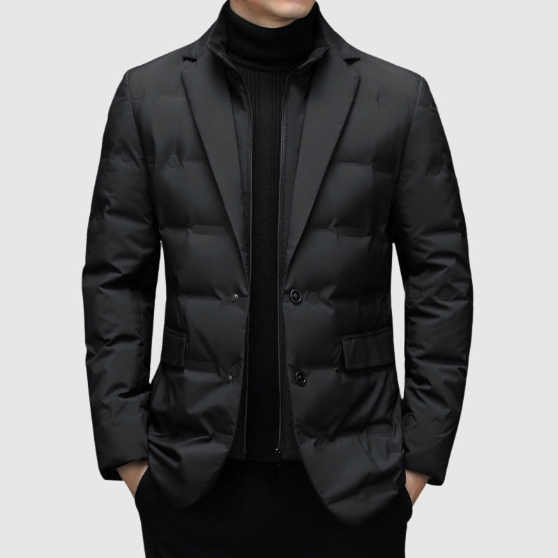 Men's Duck Down Jacket, Lapel Collar, Button and Zip, Tailored Fit