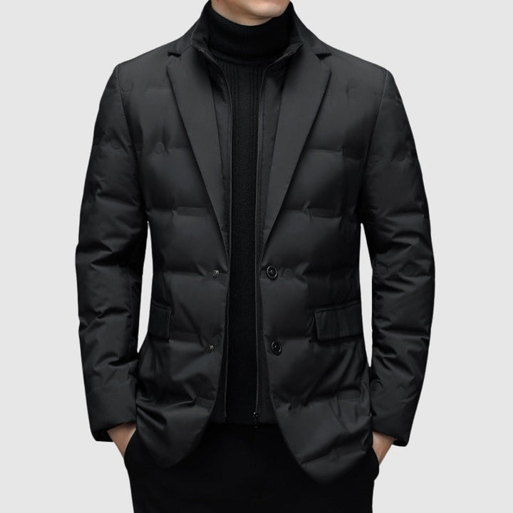 Men's Duck Down Jacket, Lapel Collar, Button and Zip, Tailored Fit