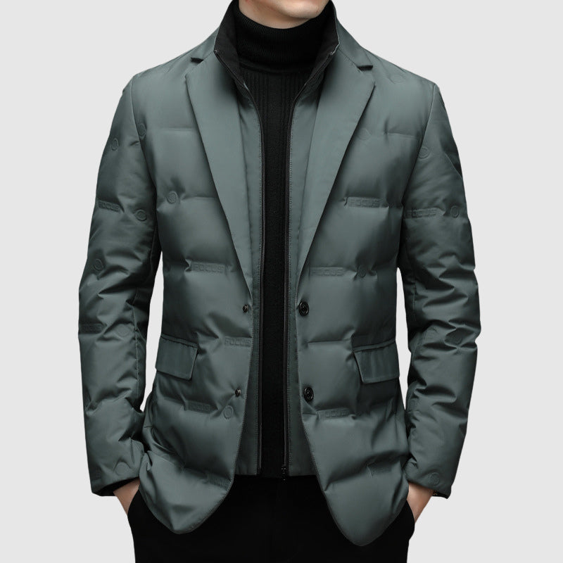 Men's Duck Down Jacket, Lapel Collar, Button and Zip, Tailored Fit