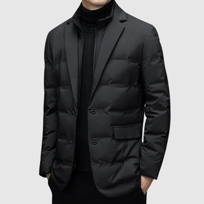 Men's Duck Down Jacket, Lapel Collar, Button and Zip, Tailored Fit