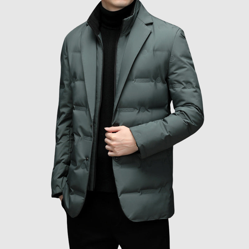 Men's Duck Down Jacket, Lapel Collar, Button and Zip, Tailored Fit