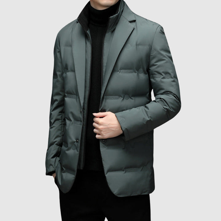 Men's Duck Down Jacket, Lapel Collar, Button and Zip, Tailored Fit