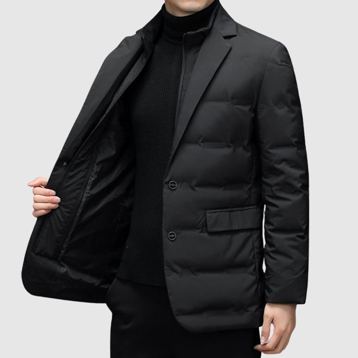 Men's Duck Down Jacket, Lapel Collar, Button and Zip, Tailored Fit