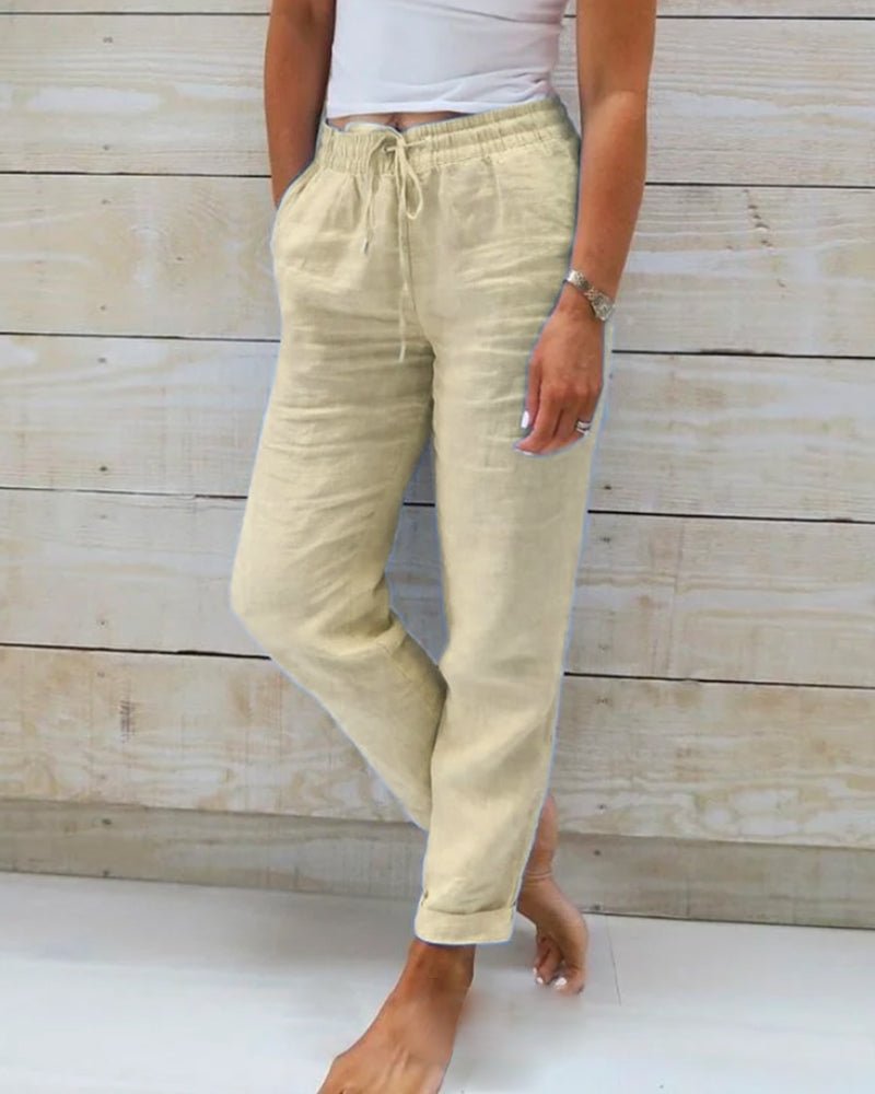 Lina Women's Pants | Casual White Linen with Drawstring 1